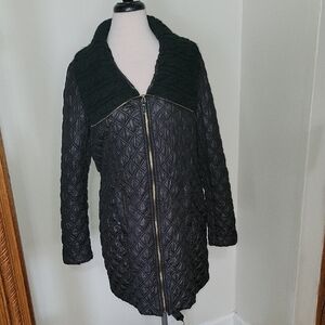 Via Spiga Black Quilted Puffer Coat With Oversized Cable Knit Sweater Collar